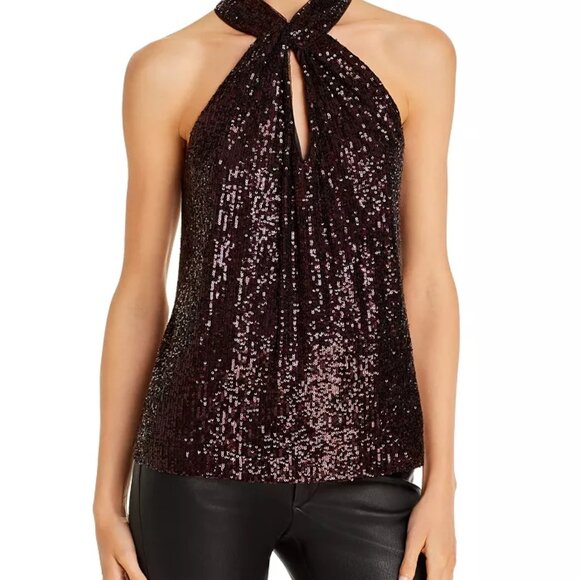 Parker Dallas Sleeveless Twist Halter Lined Burgundy Sequined Top Large - Picture 2 of 9